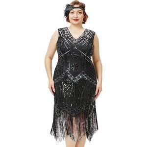 Women's Plus Size Flapper Dresses 1920s V Neck Beaded Fringed Great Gatsby Dress